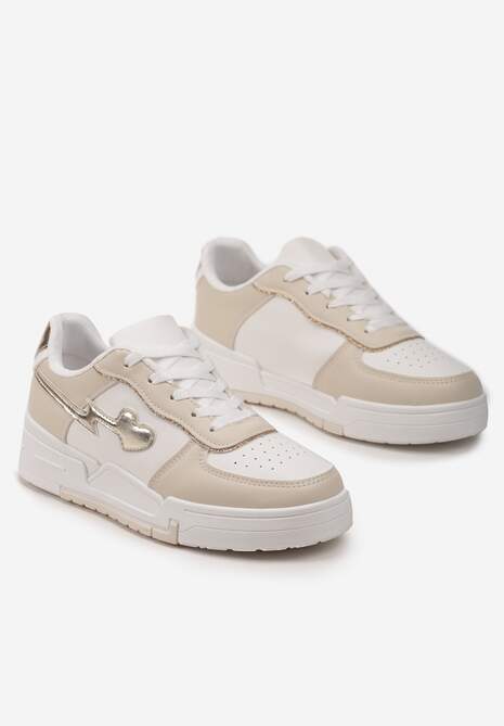 Beżowe Sznurowane Sneakersy na Grubej Podeszwie z Brokatowym Zdobieniem Anaieli