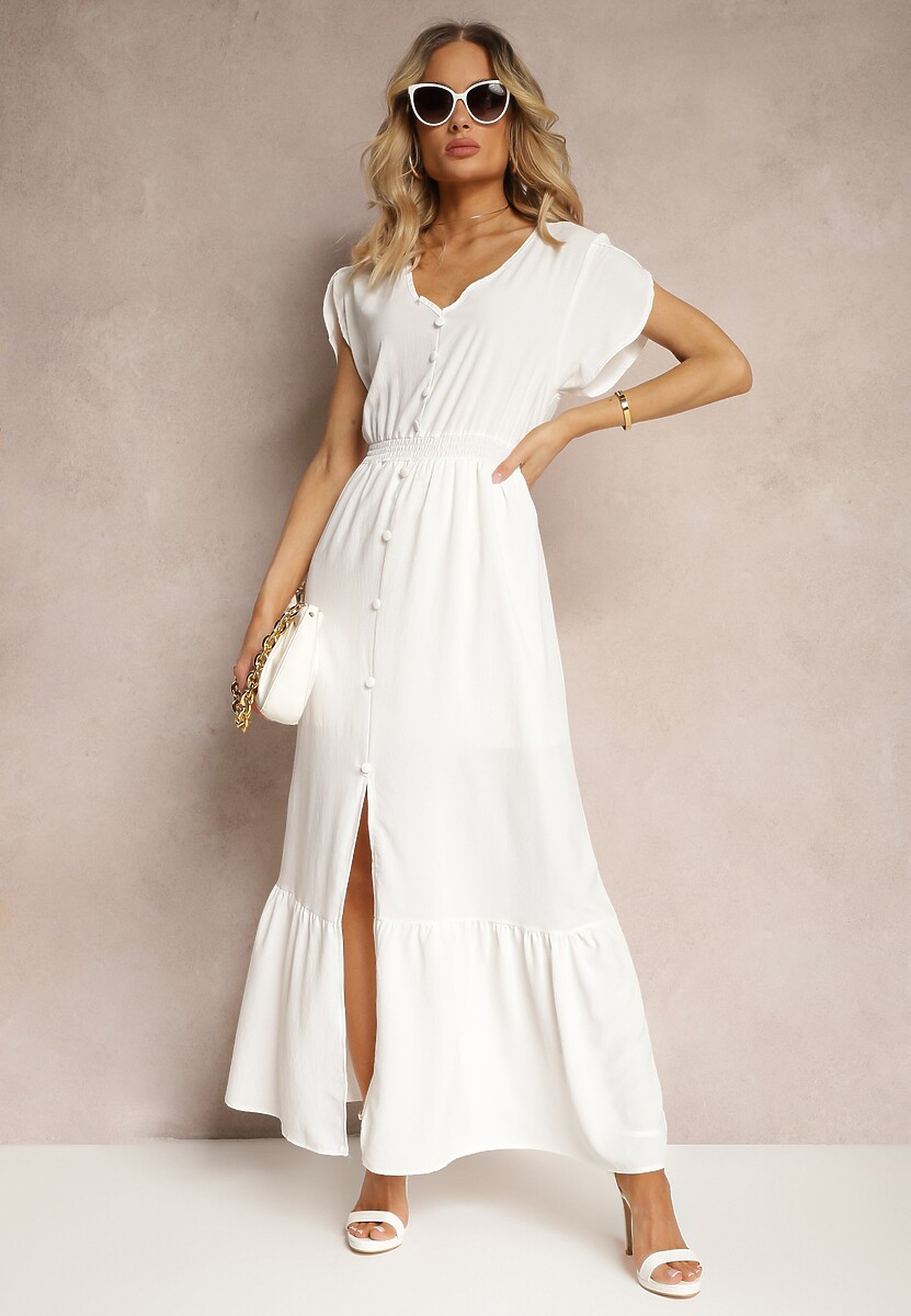 Biała Rozkloszowana Sukienka z Gumkami w Talii z Guzikami i Rozcięciem Gafia