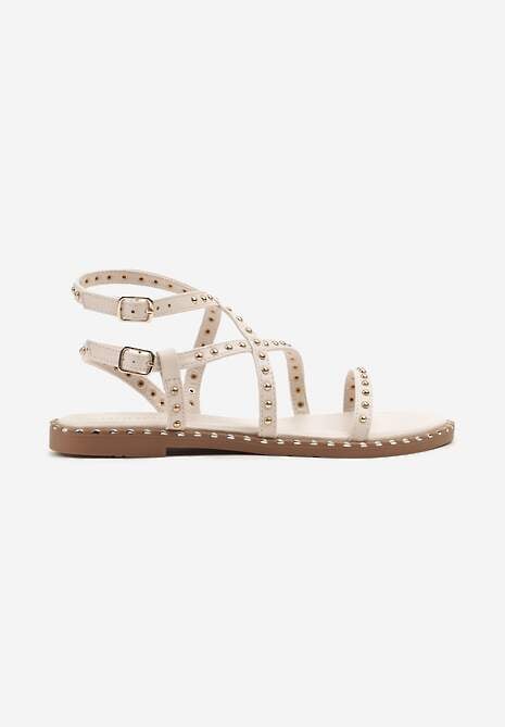 Beżowe Sandały Typu Gladiatorki z Ozdobnymi Nitami Kiniteia