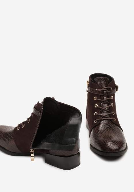 Brązowe Botki Vices ze Wstawkami Imitującymi Skórę Węża i Sprzączką Gelrina
