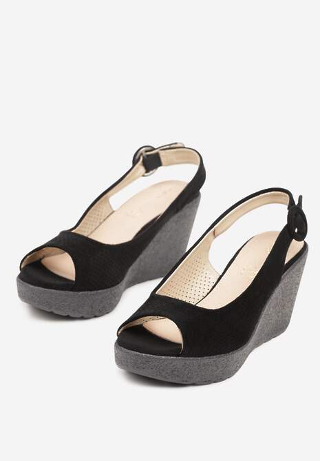Czarne Sandały na Koturnie z Cholewką z Perforacją i Odkrytym Noskiem Aldonie