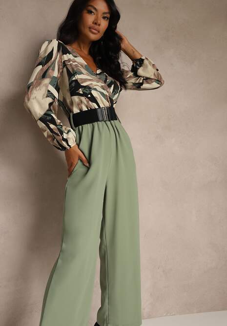 Zielono-Beżowy Kopertowy Kombinezon z Paskiem i Szerokimi Spodniami Nittama