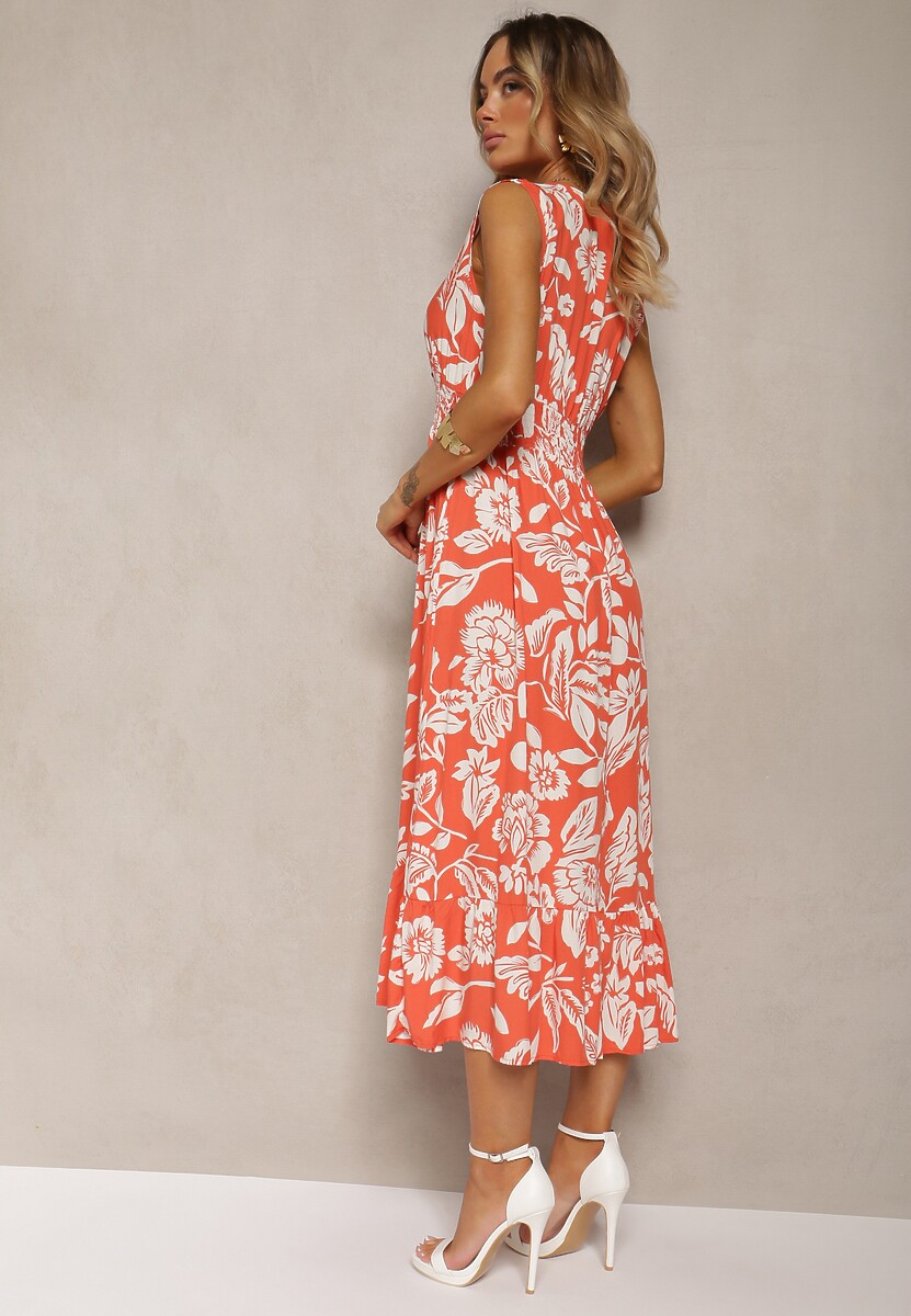 Pomarańczowa Wiskozowa Kwiatowa Sukienka Wykończona Gumką w Pasie o Rozkloszowanym Kroju Keranea