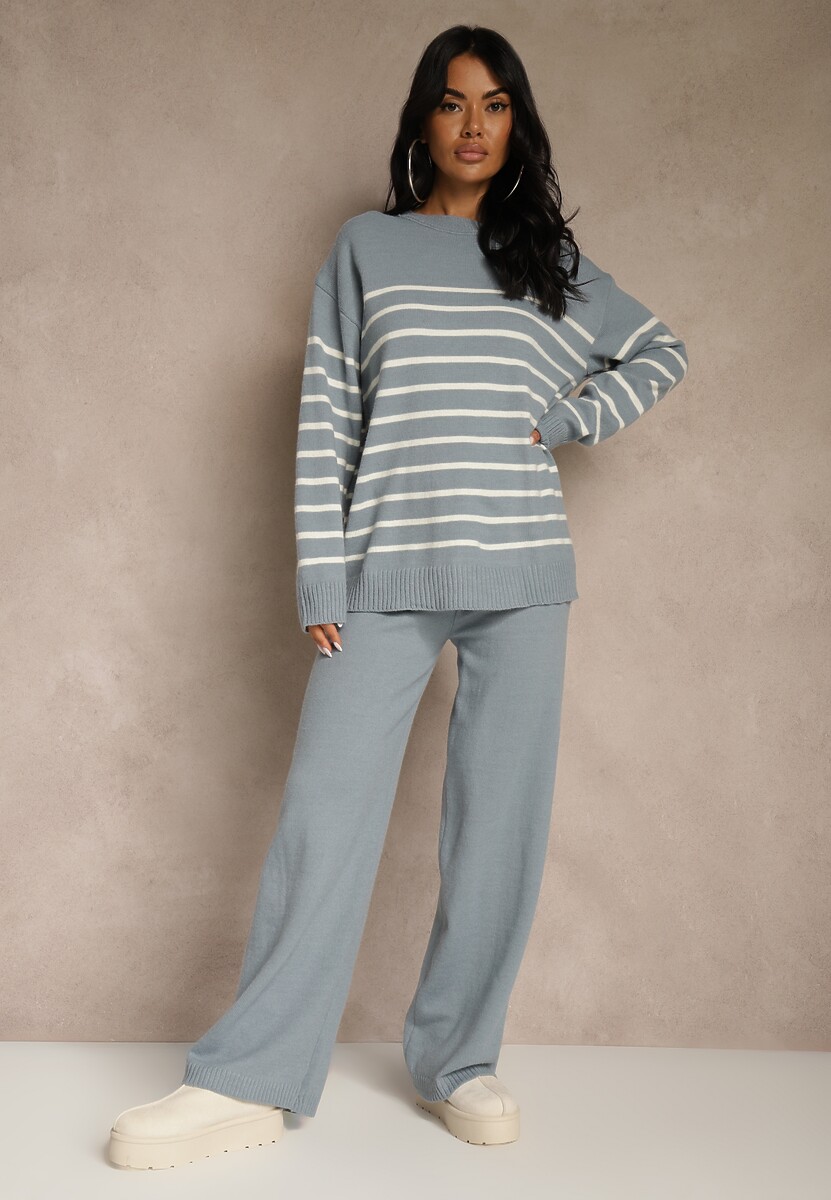 Czarny Komplet z Bawełną i Wełną Spodnie o Szerokim Kroju i Sweter w Paski Reimeia