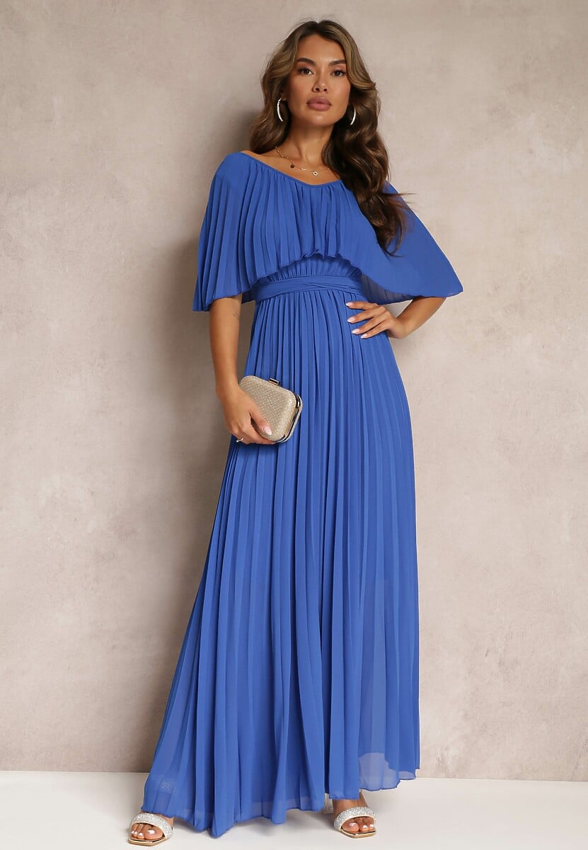 Granatowa Plisowana Sukienka z Gumką w Pasie z Falbaną Przy Dekolcie Drenia