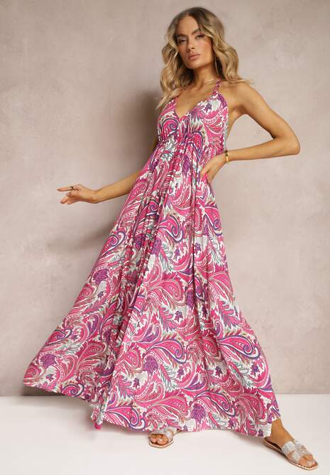 Różowa Sukienka z Wiskozy Wiązana na Szyi ze Ściągaczem pod Biustem Xerbia