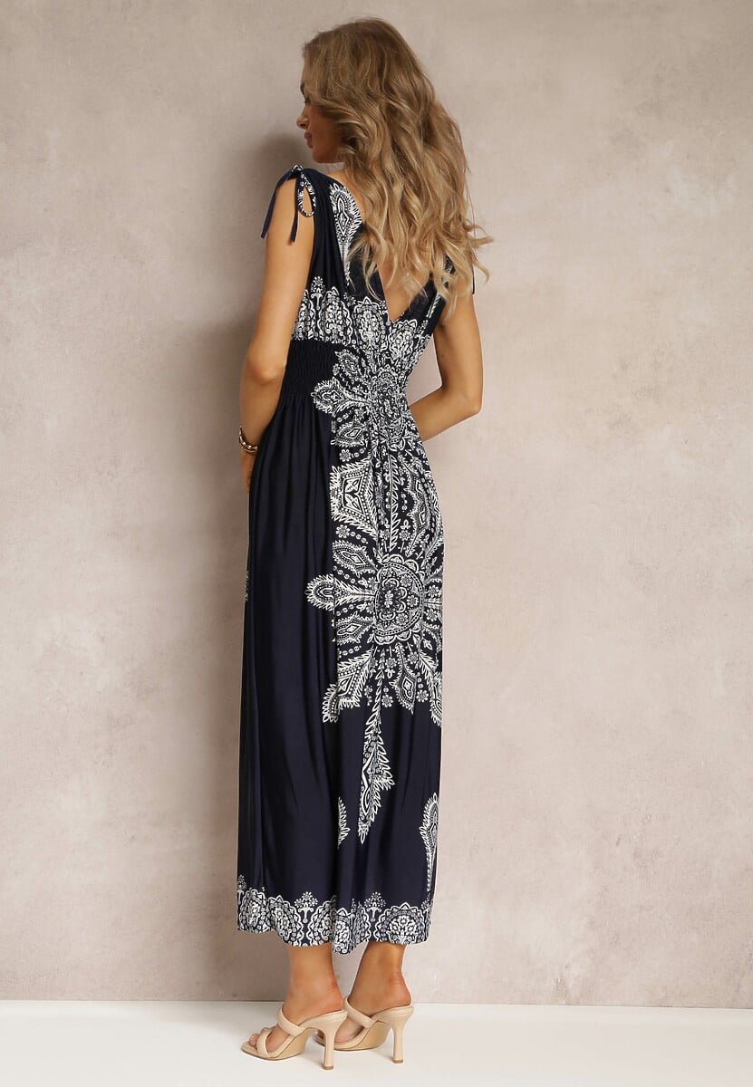 Granatowa Długa Sukienka z Wzorem Boho Sznurkami na Ramionach i Gumką w Pasie Hideni