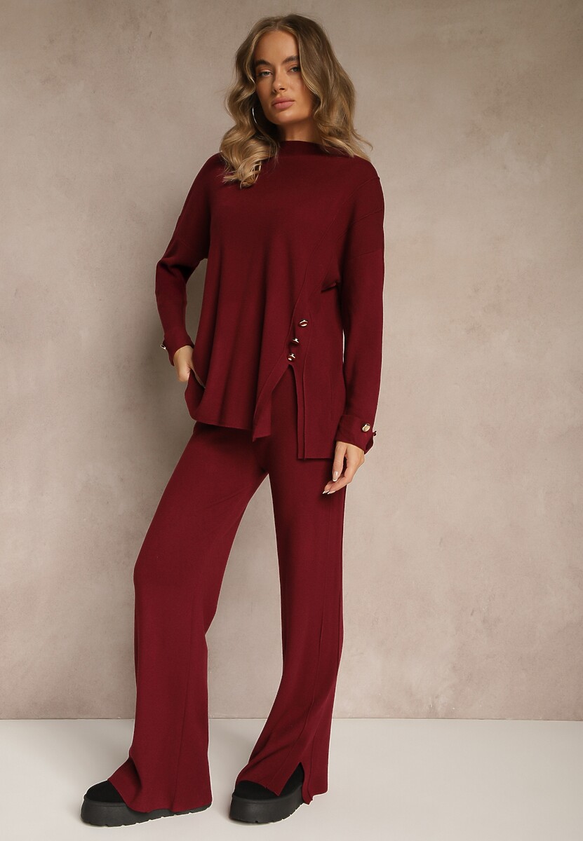 Bordowy Komplet z Dzianiny z Wiskozą Spodnie i Sweter z Ozdobnymi Guzikami Unarea