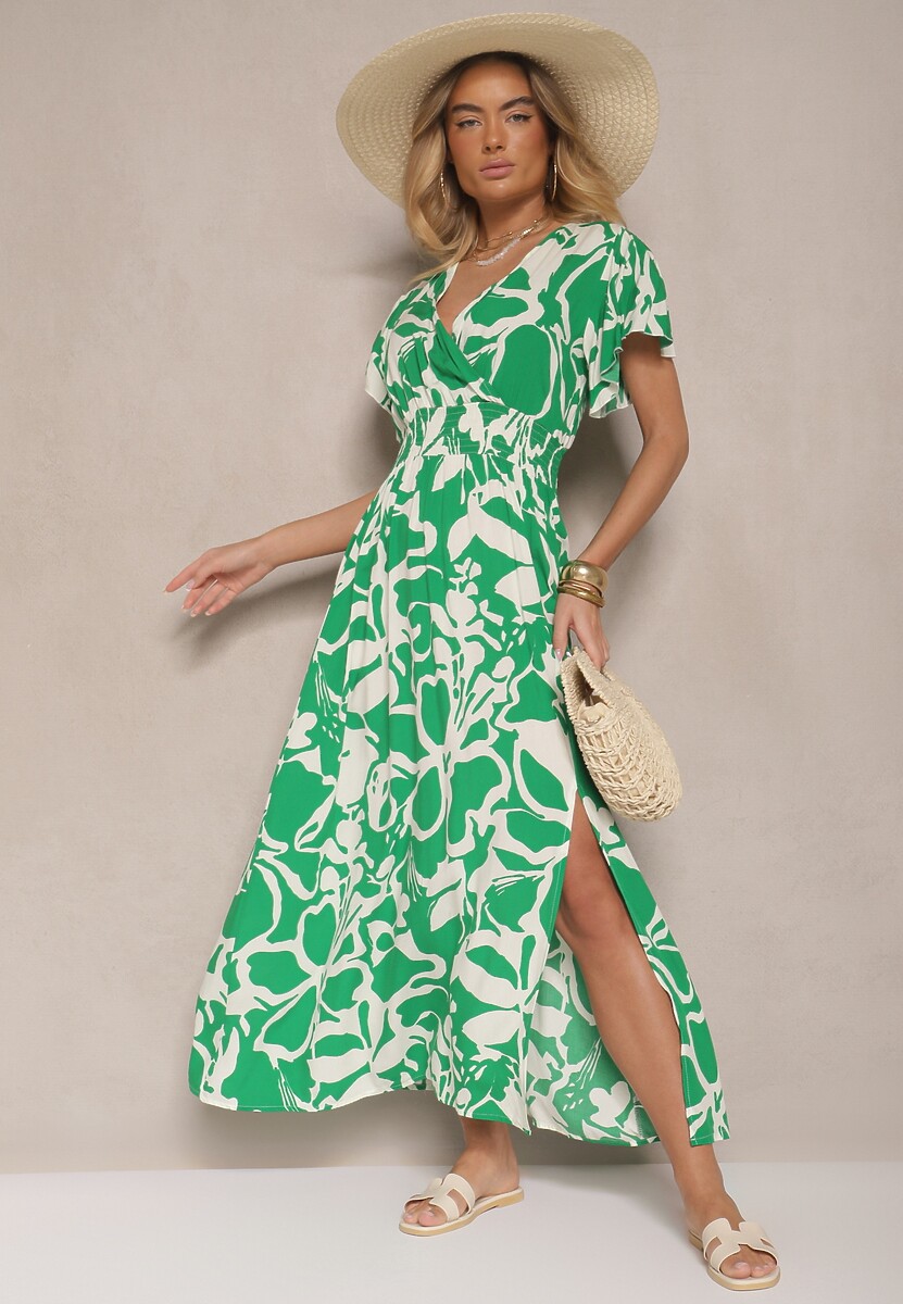 Zielona Kopertowa Wiskozowa Sukienka Rozkloszowana z Abstrakcyjnym Wzorem Rallevia