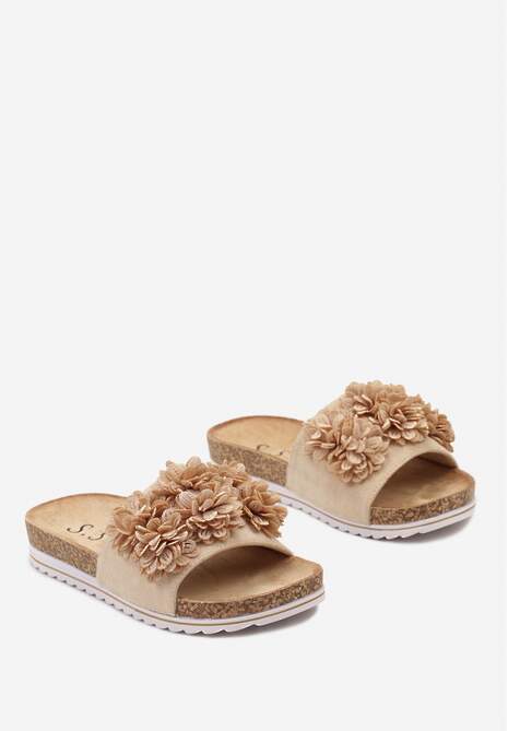 Beżowe Klapki z Ekozamszu z Kwiatowym Zdobieniem Masenella