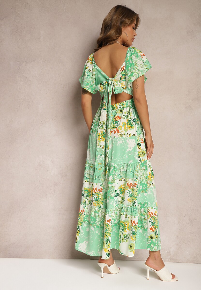 Zielona Sukienka Wiązana na Plecach z Falbanką i Gumką w Pasie Dimille