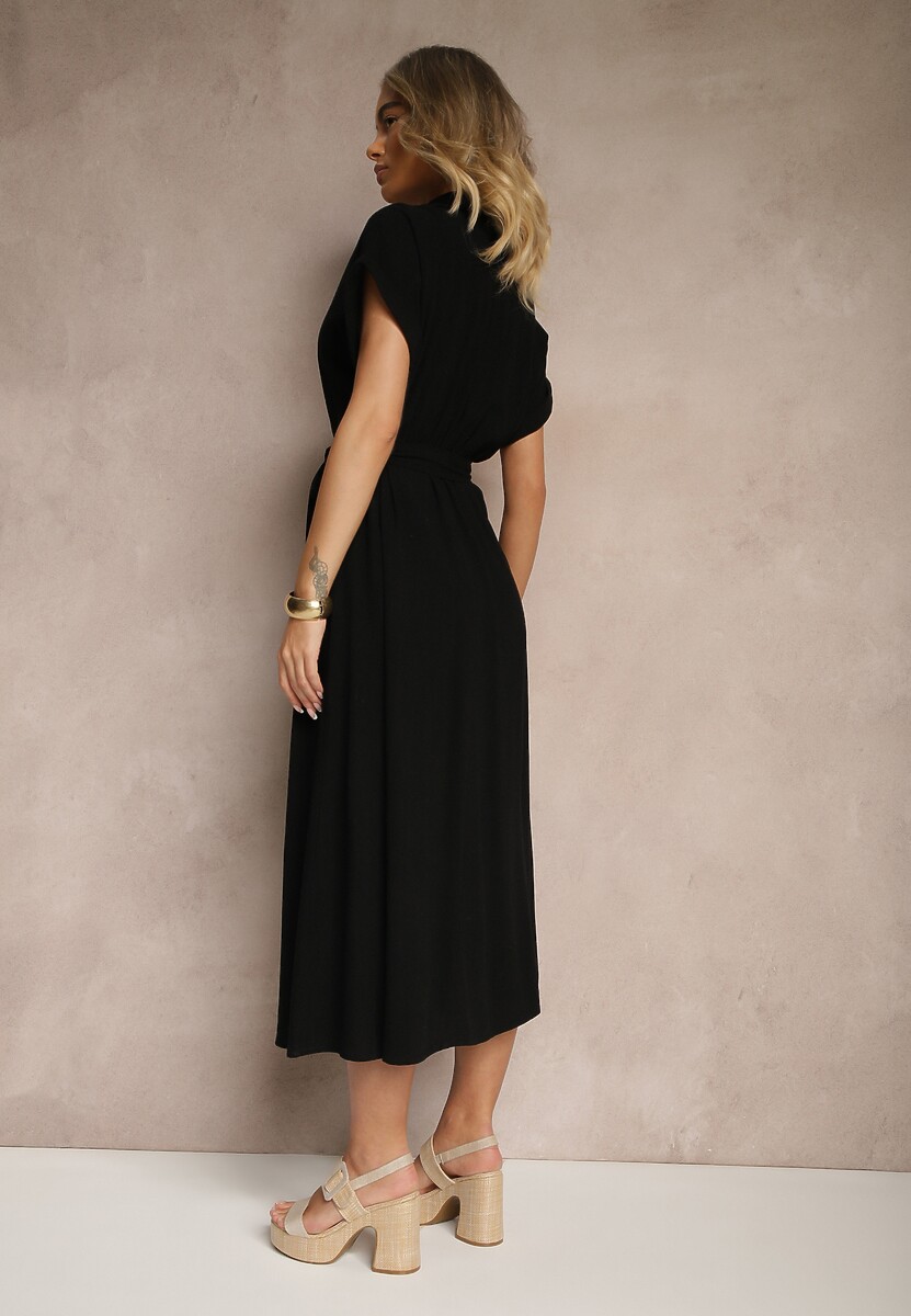 Czarna Bawełniana Sukienka Koszulowa z Wiązanym Paskiem i Krótkim Rękawem Elannoria