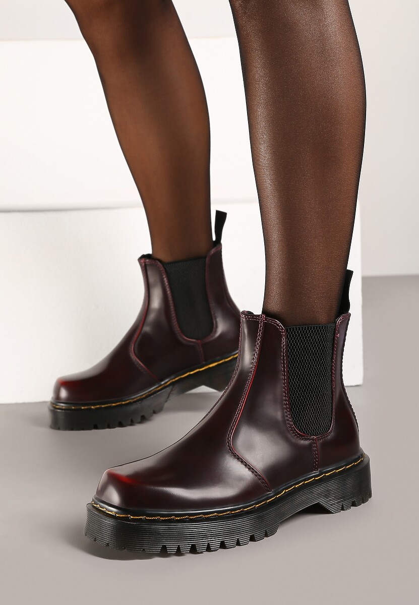 Bordowe Casualowe Płaskie Botki Sztyblety Irivarae