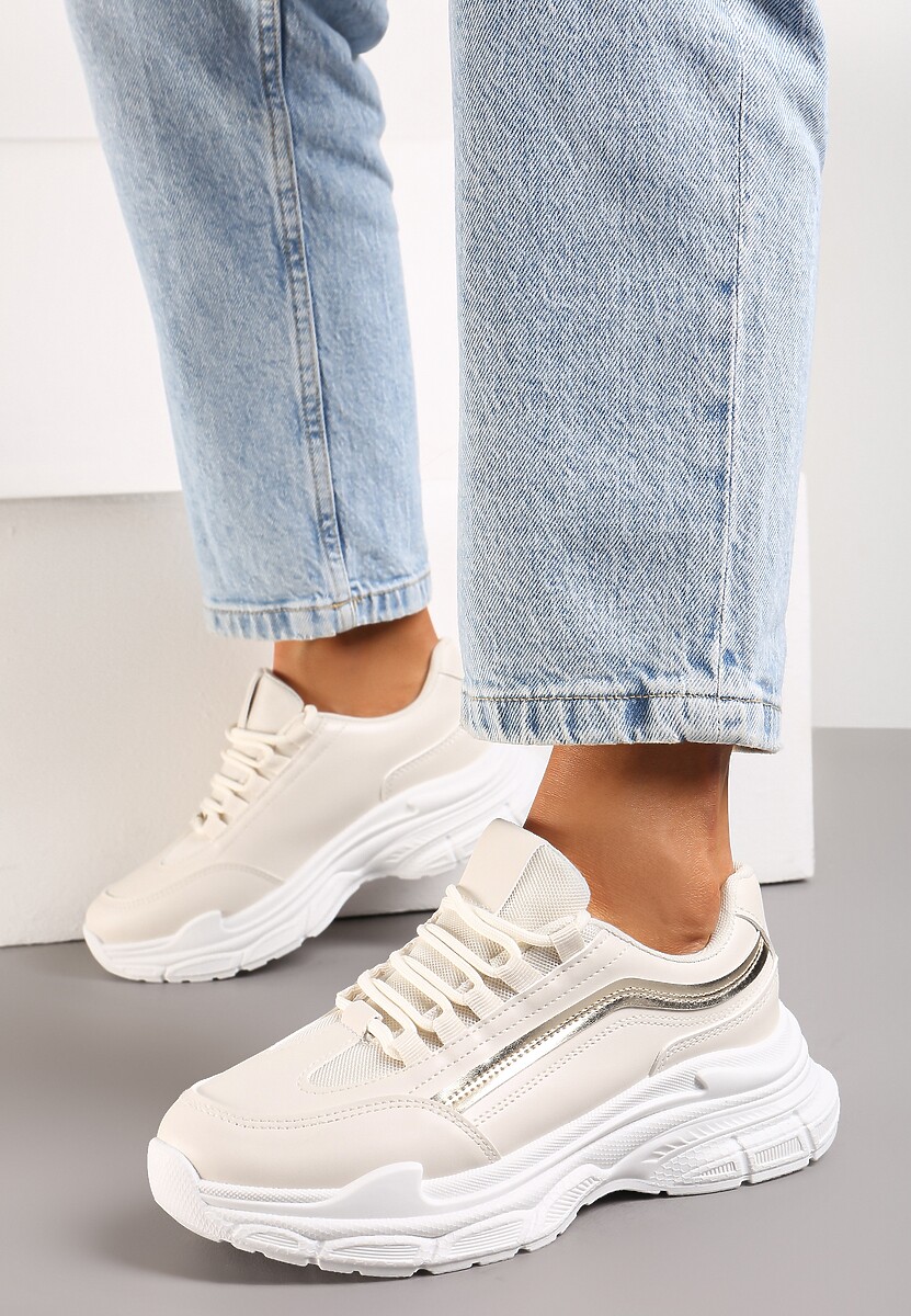 Beżowe Casualowe Sneakersy z Ekoskóry z Ozdobnymi Wstawkami i Sznurowaniem Melindia