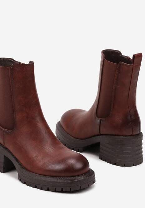 Brązowe Ocieplone Botki na Słupku w Stylu Sztybletów Ozdobione z Boku Gumką Crethea