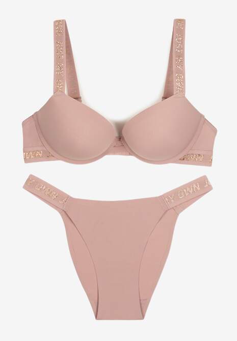 Ciemnoróżowy Komplet Ozdobiony Napisami z Biustonoszem z Efektem Push-Up i Majtkami Bralicia