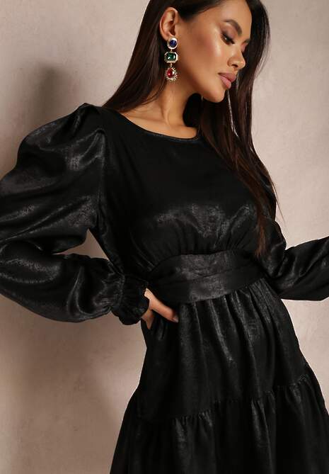 Czarna Sukienka Metaliczna z Bufiastym Rękawem Cany