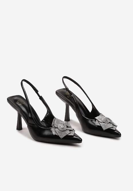 Czarne Sandały z Aplikacją Kwiatka z Cyrkoniami i z Geometryczną Szpilką Anabra