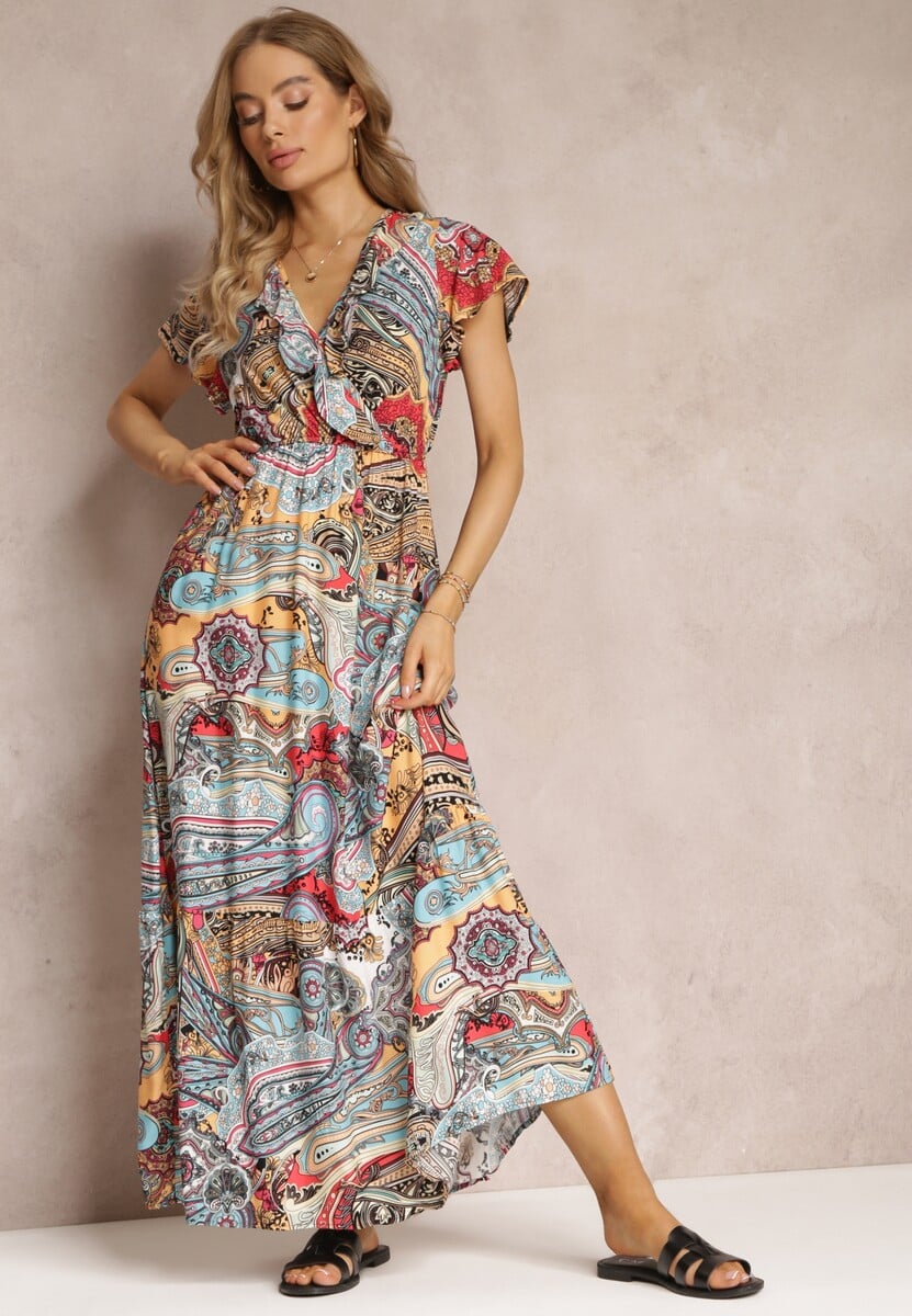 Jasnoniebiesko-Czerwona Sukienka z Kopertowym Dekoltem i Gumką w Talii z Wiskozy Haifa