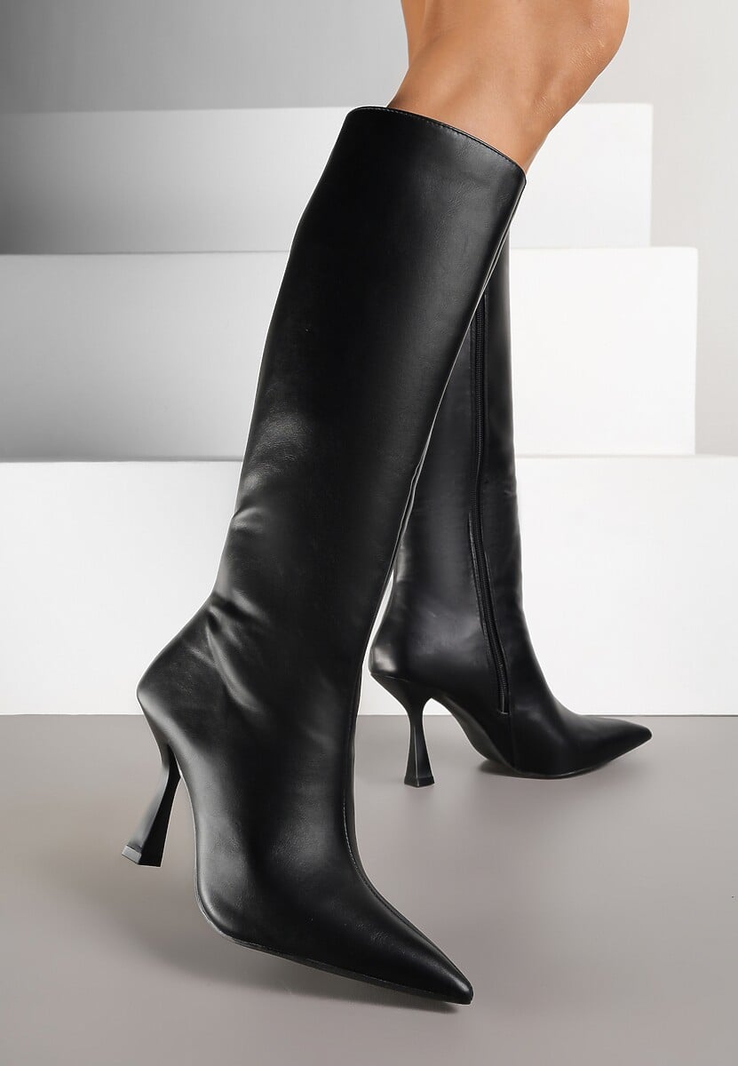 Czarne Kozaki na Obcasie Typu Szpilka ze Szpiczastym Noskiem Lanirre