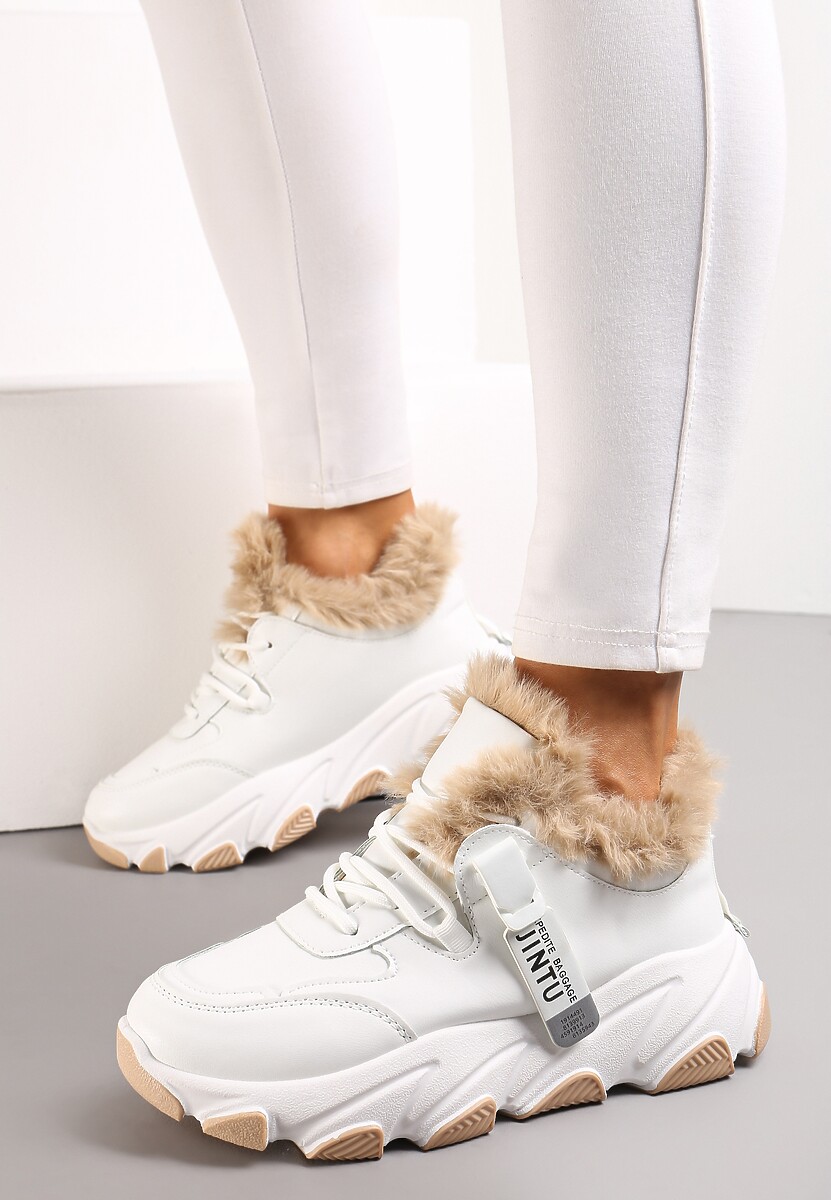 Białe Sznurowane Sneakersy Chunky z Futerkiem i Grubą Podeszwą Nimfore