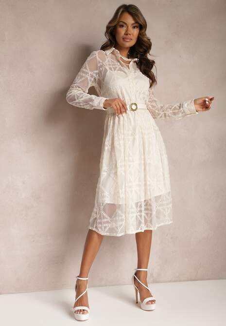 Jasnobeżowa Haftowana Sukienka Midi z Paskiem Binaela