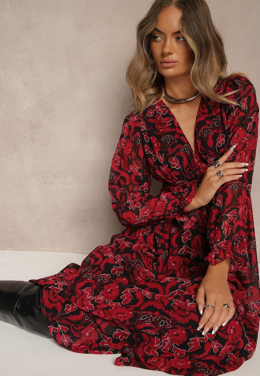 Zielono-Czarna Sukienka Maxi Rozkloszowana z Kopertowym Dekoltem Bramave