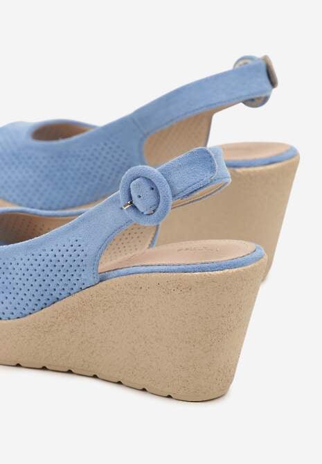 Niebieskie Sandały na Koturnie z Cholewką z Perforacją i Odkrytym Noskiem Aldonie