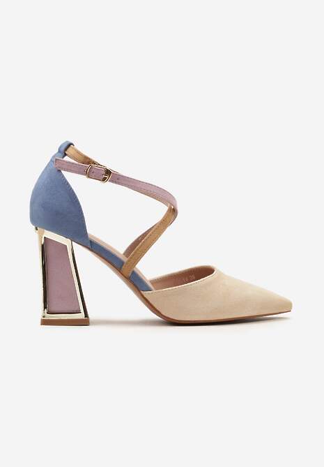 Beżowe Czółenka na Obcasie w Kształcie Stożka z Metalowym Obramowaniem Haslia