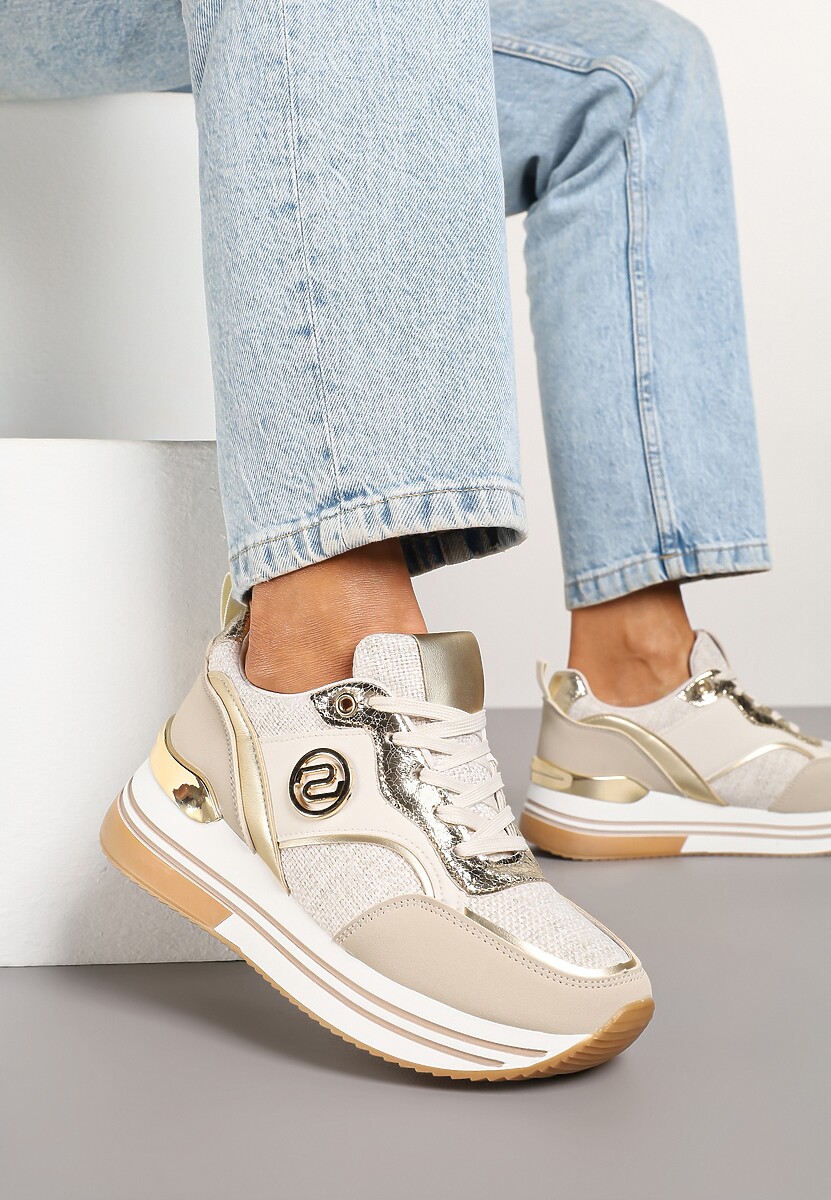 Ciemnobeżowe Sneakersy Ozdobione Wzorem w Panterkę z Metalicznymi Zdobieniami na Platformie Gonnella