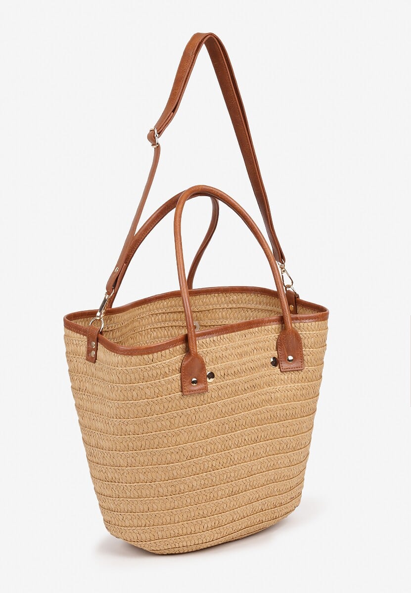 Ciemnobeżowa Torebka Shopperka Ozdobiona Cekinami i Napisem Galinela