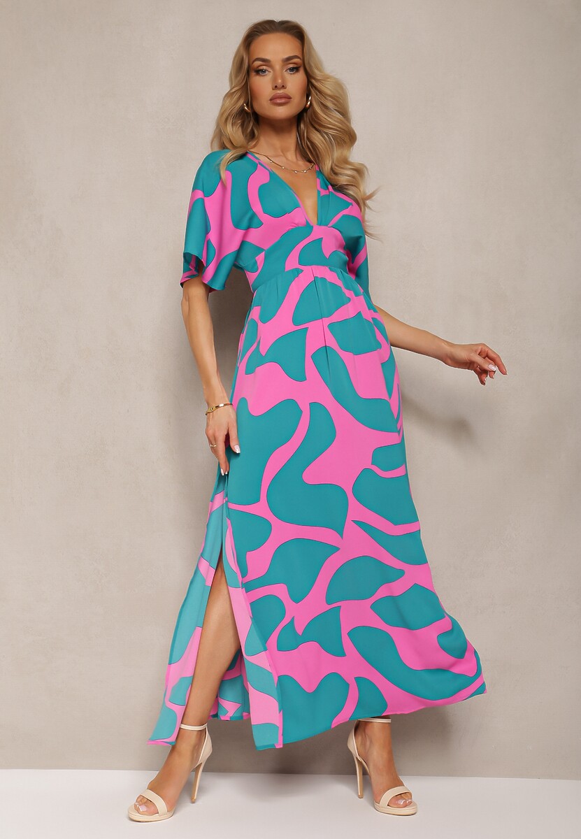 Niebiesko-Różowa Rozkloszowana Sukienka z Gumką w Talii i Rozcięciami Fienda