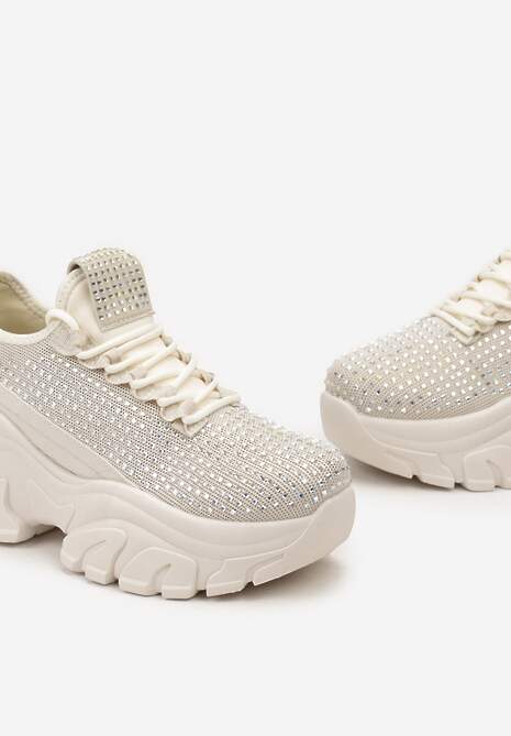Beżowe Sneakersy na Platformie z Cholewką z Cyrkoniami Harilena