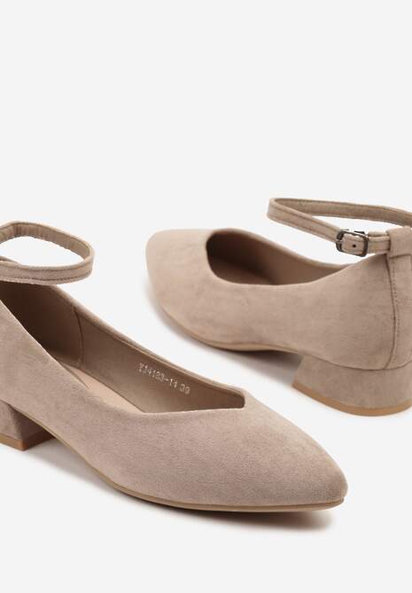 Ciemnobeżowe Czółenka na Słupku z Wkładką ze Skóry Naturalnej Ozdobione Paskiem Norzeri