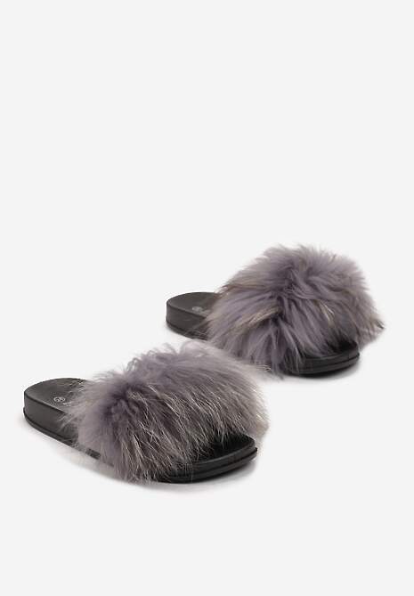 Szare Klapki z Ozdobnym Futerkiem Purunia