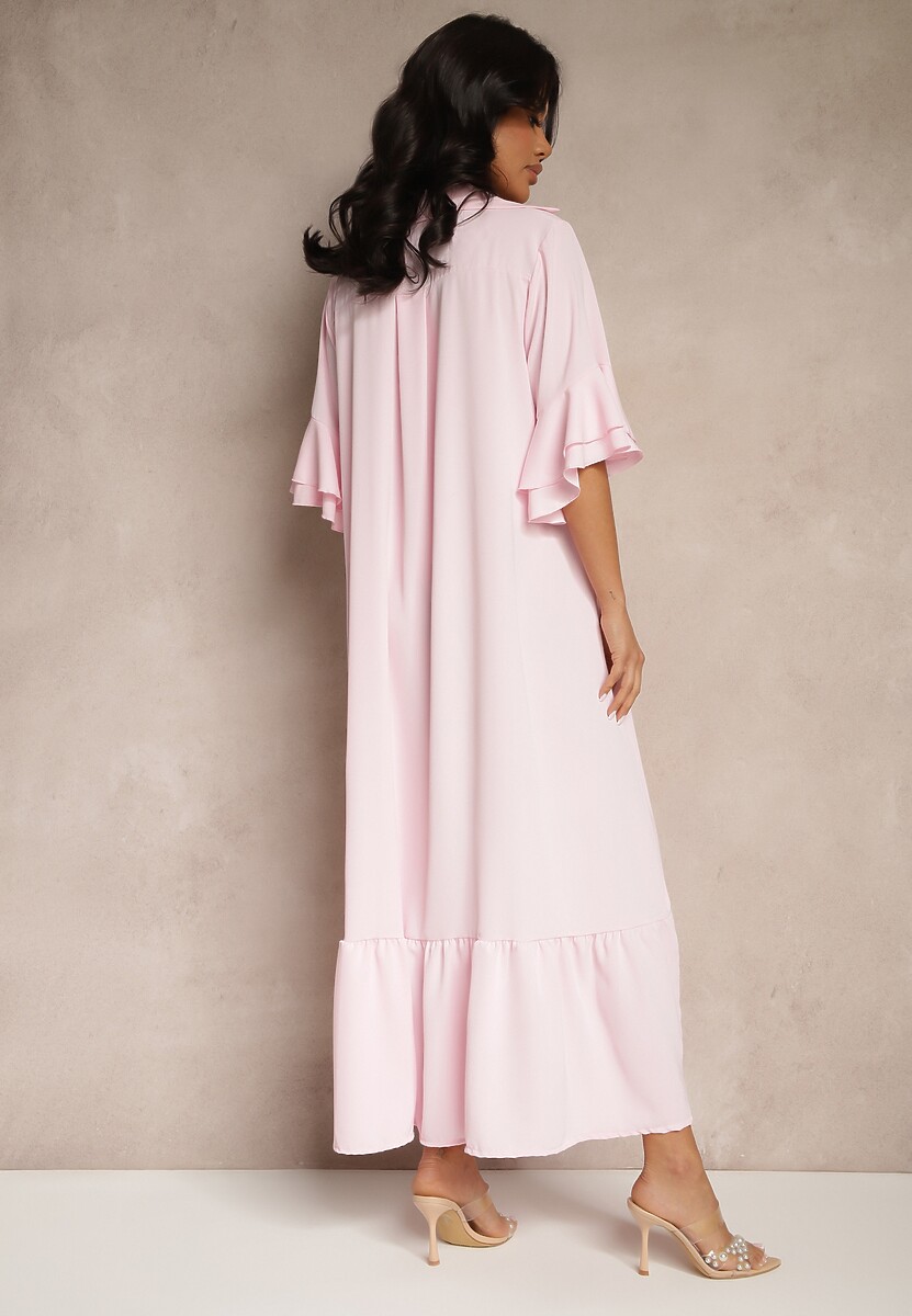 Różowa Koszulowa Sukienka Ozdobiona Falbanką Ransara