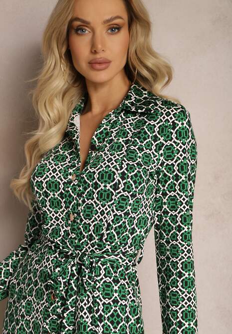 Zielona Sukienka Maxi o Taliowanym Kroju z Paskiem w Geometryczny Wzór Perani