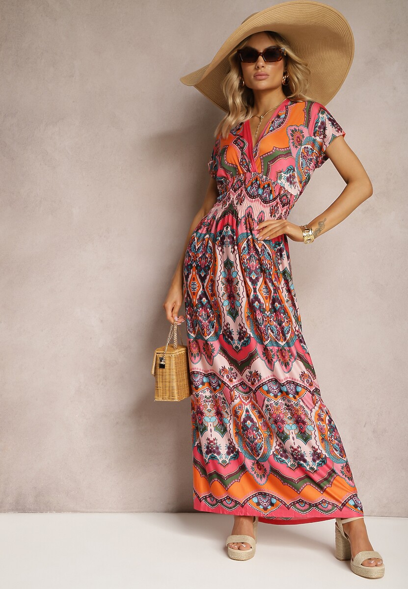 Pomarańczowa Długa Sukienka z Kopertowym Dekoltem i Wzorem Etno z Wiskozy Algrisa