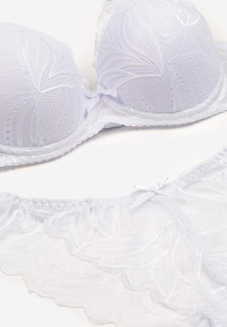 Biały Komplet z Koronki Majtki Ozdobione Kokardą Biustonosz na Regulowanych Ramiączkach Arfiana