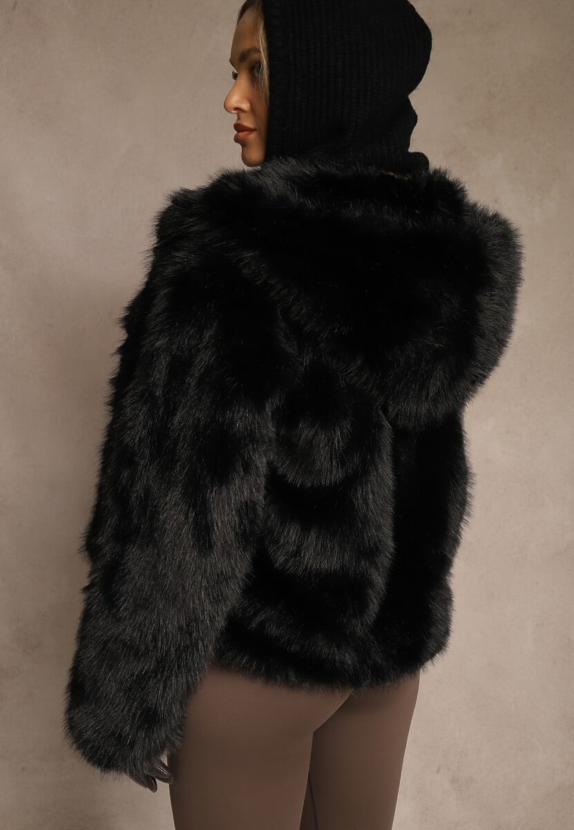 Czarna Kurtka Futerko z Nieodpinanym Kapturem Vetisala