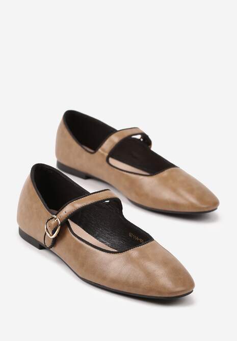 Ciemnobeżowe Balerinki Vices z Wkładką ze Skóry Naturalnej Ozdobione Paskiem Patantie