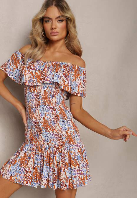 Brązowa Krótka Sukienka z Hiszpańskim Dekoltem z Elastycznej Wiskozy Celestine