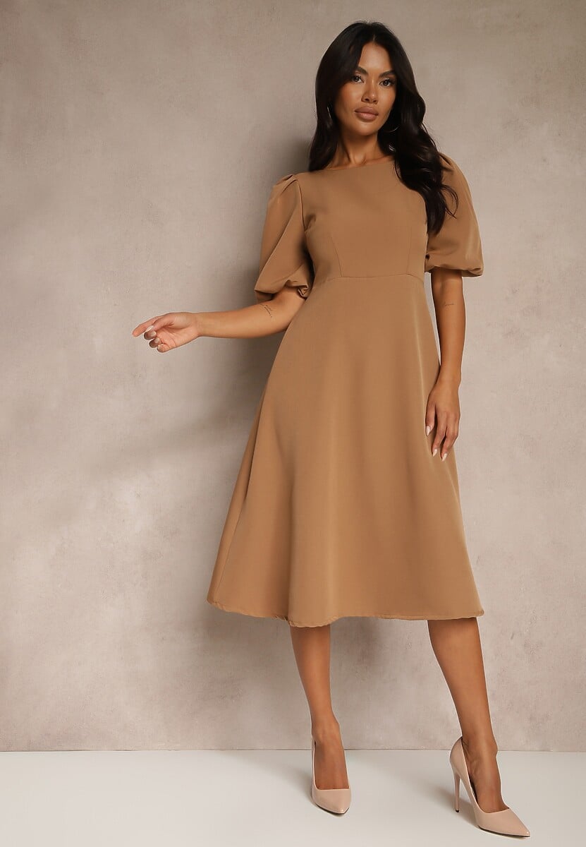 Czerwona Rozkloszowana  Sukienka Ozdobiona Bufiastymi Rękawami Melianis