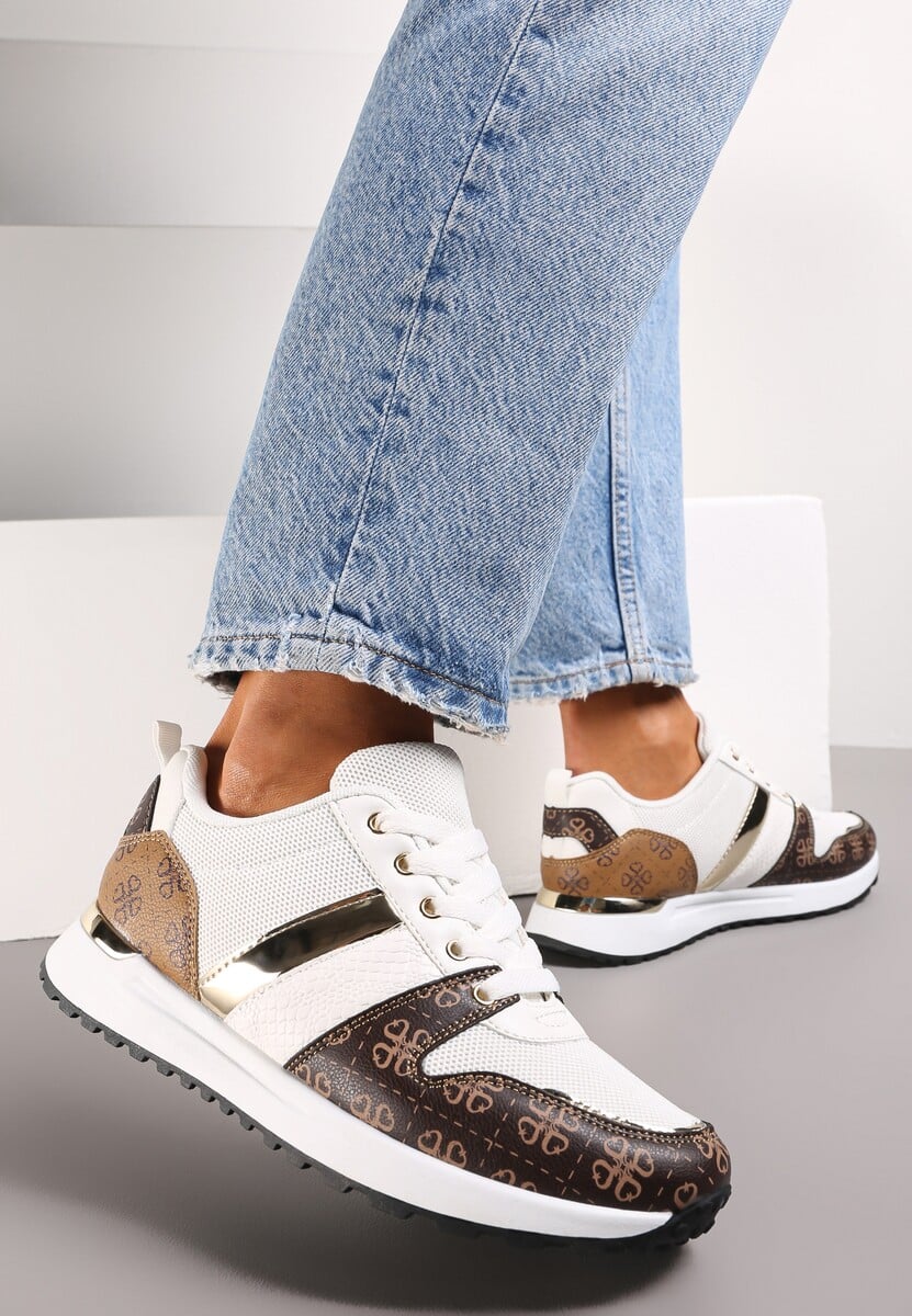 Białe Wzorzyste Sneakersy przed Kostkę na Grubej Podeszwie Odenia