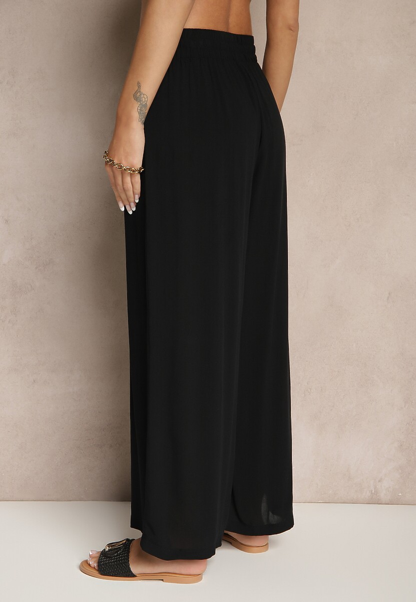 Czarne Szerokie Spodnie z Wiskozy ze Sznurkiem Natisetia