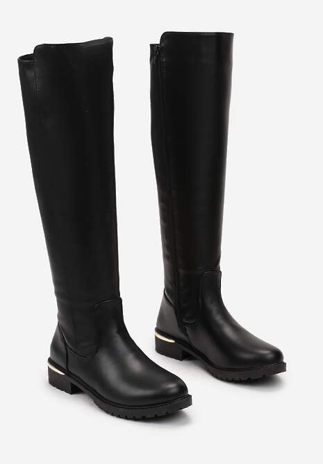 Czarne Kozaki Muszkieterki na Ozdobnym Kwadratowym Obcasie Lewan