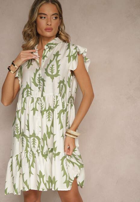 Zielona Koszulowa Sukienka z Lnem i Wiskozą o Rozkloszowanym Kroju Aranese