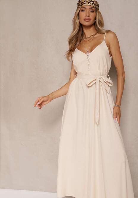 Beżowa Sukienka z Bawełną i Wiskozą z Ozdobnym Paskiem Savaine