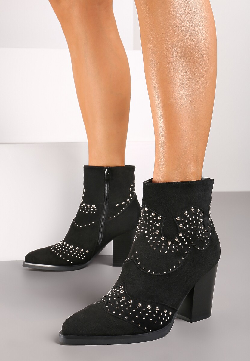 Czarne Botki na Kwadratowym Obcasie Bogato Zdobione Nitami Felonna