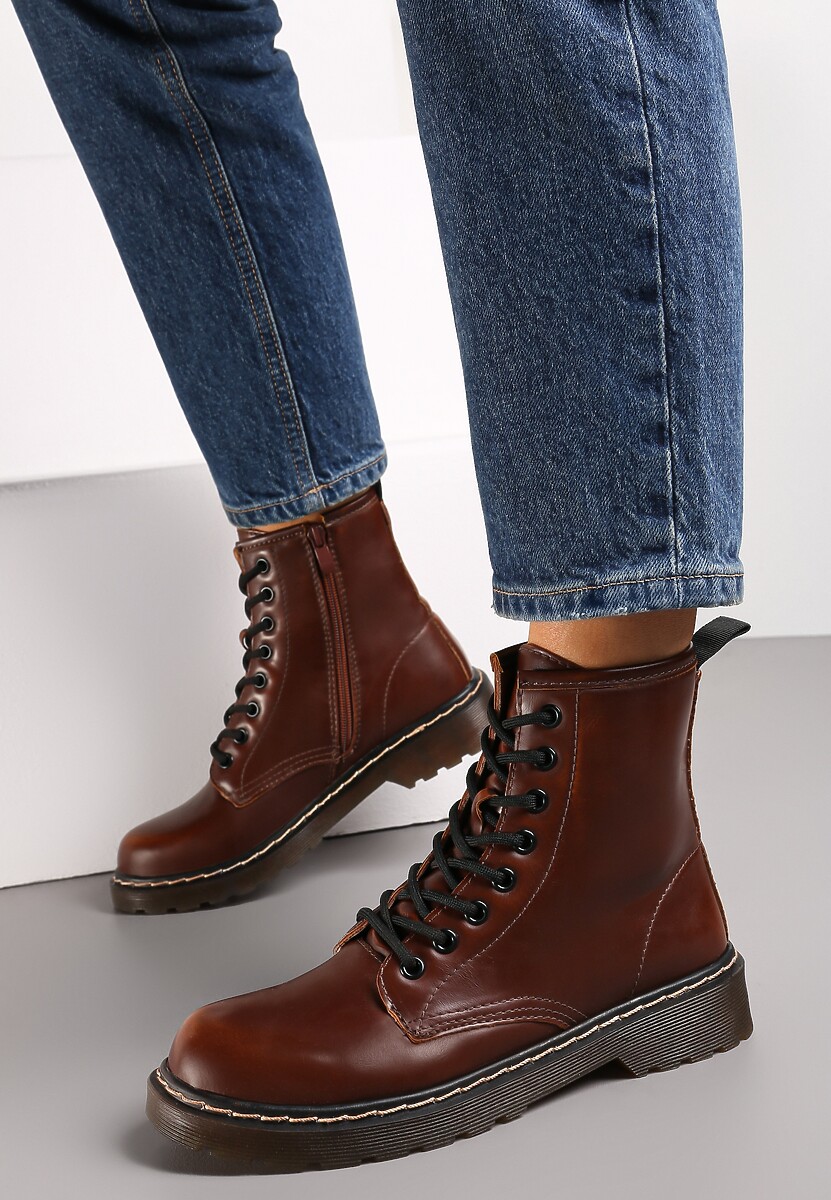 Brązowe Botki Workery na Grubej Podeszwie Inroca